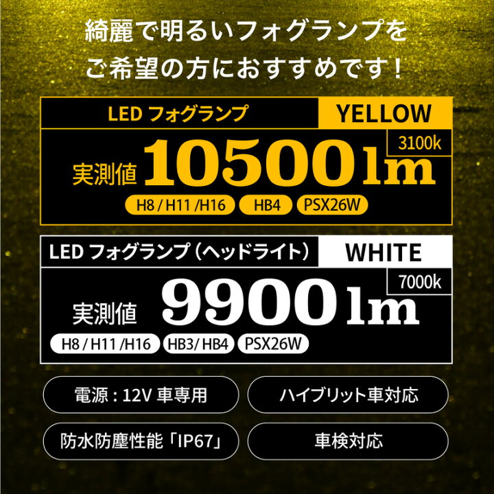 楽天市場】LED フォグランプ イエロー 10500lm ホワイト 9900Lm 実測値 