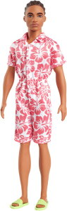 o[r[ Mattel - Barbie Ken Fashionista with Braided Brown Hair, Wearing Coral Jumpsuit with Hawaiian Print and Green Sandals