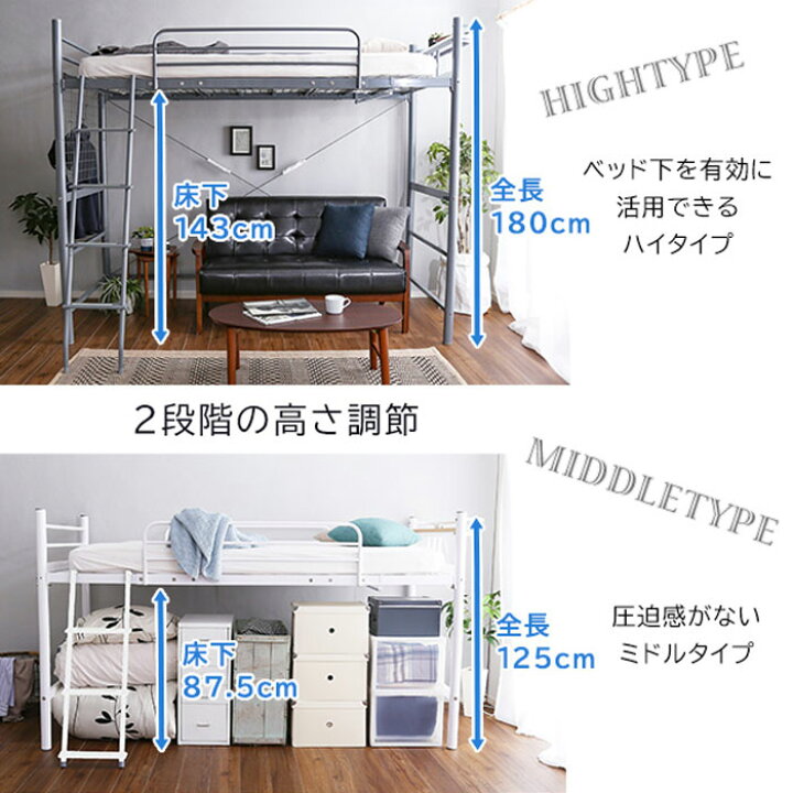 楽天市場】ロフトベッド 高さ調節 高さ180cm はしご ベッド ミドル 