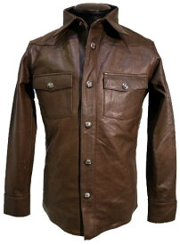 レザーシャツ 牛革 ウエスタンシャツ 本革 ユリ型ドット釦 茶色 ブラウン メンズ レザージャケット 本格仕様 カウボーイシャツ