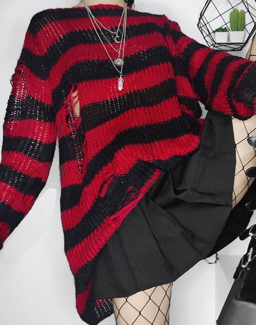ダメージ入り ボーダーニット 赤×黒 ゴシックパンク メンズ レディース ユニセックス 男女兼用 フリーサイズ ヴィジュアル系 セーター |  ROAD-AND-SKY