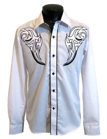 トライバル刺繍 ドレスシャツ ホワイト×ブラック 白×黒 メンズ タトゥー柄 柄シャツ カウボーイ ウエスタン ロカビリーシャツ