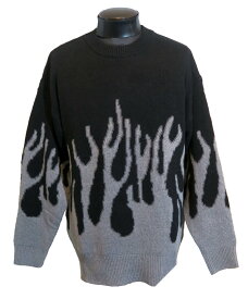 波柄 炎柄 妖艶なセーター 黒×グレー メンズ レディース 厚手のセーター パンク ロック ヒップホップ ヴィジュアル系