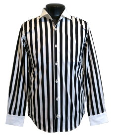 日本製 クレリック ストライプシャツ 白×黒 メンズ ドレスシャツ ワイドカラー MADE IN JAPAN トラッド モード ロック ホワイト ブラック