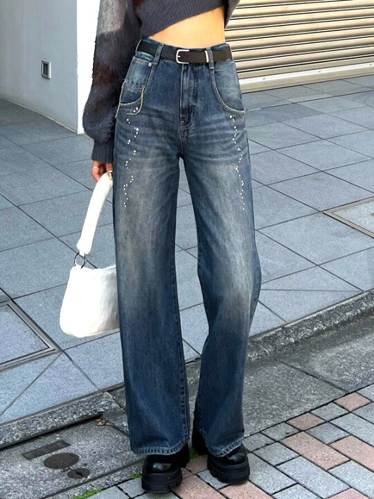 楽天市場】EMODA エモダ デニムパンツ スパーク ビジュー ルーズ 