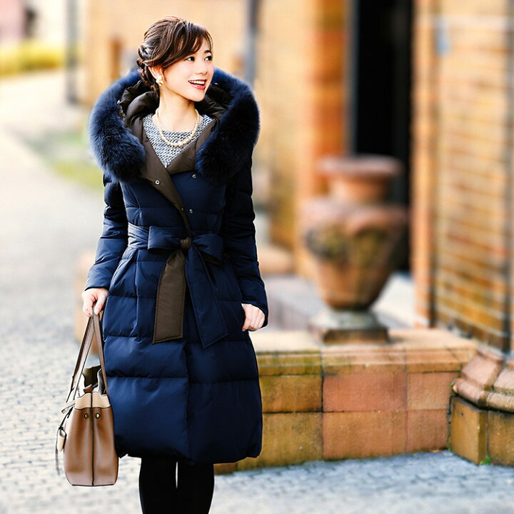 楽天市場 ダウンコート ダウン コート ダウンジャケット アウター 上着 ロングコート ファー レディース 50代 40代 30代 ミセス 冬コーデ 秋 冬 リアルファー 大きいサイズ 上品 防寒 ロング丈 暖かい 黒 茶 紺 通勤 通学 きれいめ 即日発送 ギフト Ruirue