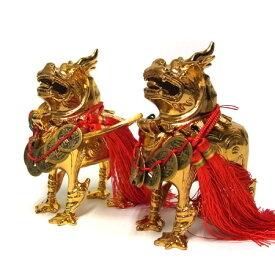 風水置物 銅器 金彩首開き貔貅（ヒキュウ） 雄雌セット 風水 開運 置物 黄銅製 金運 ギャンブル運 グッズ アイテム