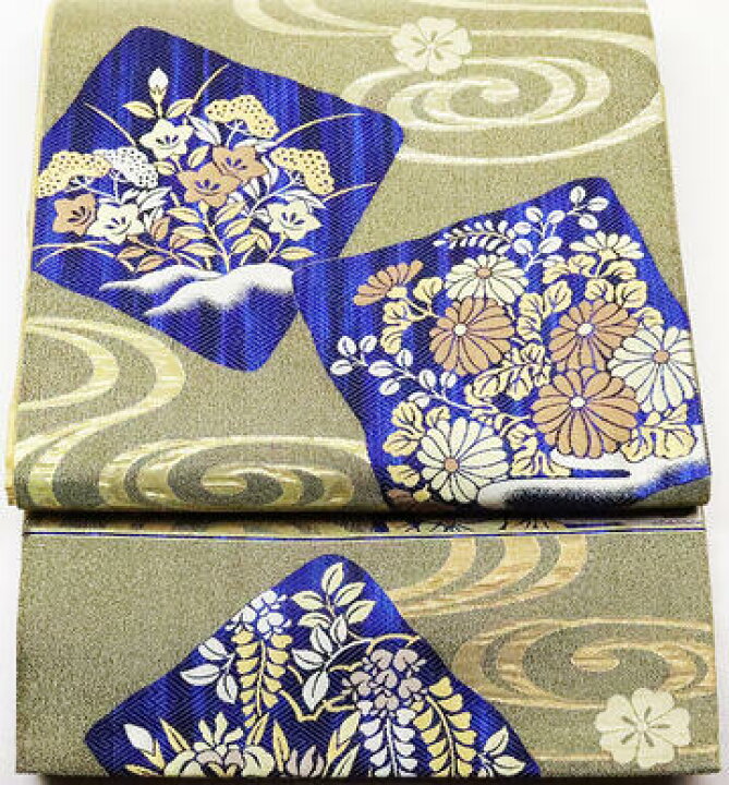 金色 刺繍フジ・菊・アヤメ・桔梗・桜・リンドウの花柄 袋帯