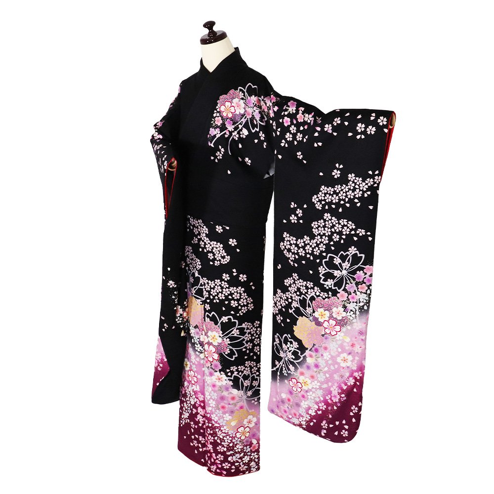 30%offクーポン ／ 振袖 正絹 黒 ピンク 紫 桜紋 LLサイズ