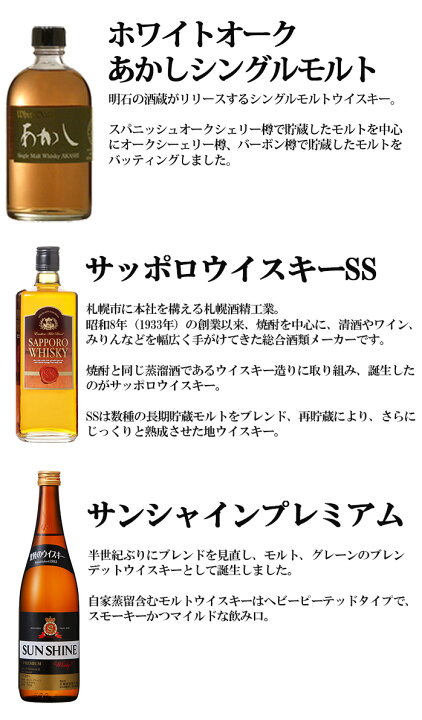 楽天市場】国産シングルモルト・ブレンデッドウイスキーセット 飲み比べ 3本セット ギフト箱入り ジャパニーズウイスキー 送料無料 : 酒の茶碗屋  楽天市場店