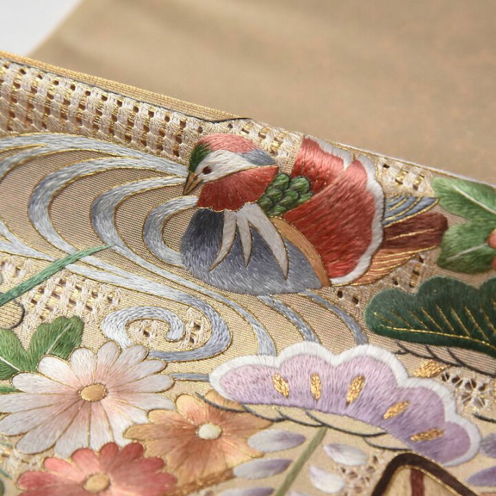 楽天市場】袋帯 お仕立て付き 正絹 蘇州刺繍 汕頭刺繍 御所車に花々  