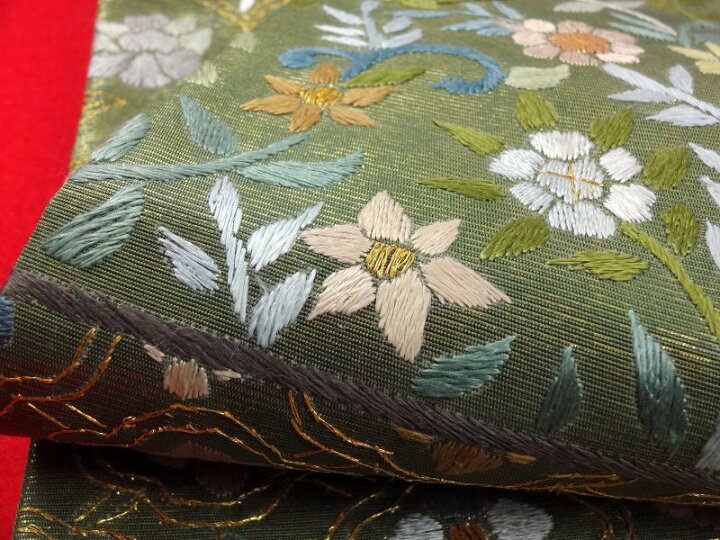 新品・お仕立て上がり！』紬地汕頭刺繍絞り入り高級(お太鼓)袋帯