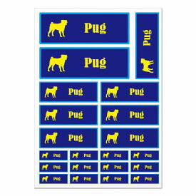 ドッグ ステッカー パグ ネイビー＆ブルー A4サイズ まとめて詰め合わせ サイズ別 長方形 21枚セット 犬種別 シール カーステッカー 愛犬 キャンプ 持ち物 ドッグフード用 屋外 屋内 防水 かわいい おしゃれ
