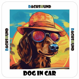 Dachshund ダックスフント 犬 カーステッカー シール DOG IN CAR 海 麦わら帽子 サングラス 夏 13x13cm 正方形 防水 屋外 屋内 車ステッカーステッカー 車 かっこいい おしゃれ かわいい バイク サイ