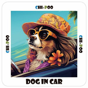 チワプー Chi-Poo 犬 カーステッカー シール DOG IN CAR 海 麦わら帽子 サングラス 夏 13x13cm 正方形 防水 屋外 屋内 車ステッカーステッカー 車 かっこいい おしゃれ かわいい バイク サインステッ