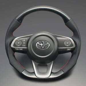 FEGGARI ライズ 200系(A200A/A210A) ウッド&レザーステアリング(純正交換) ブラックカーボン調 x PVCレザー(ダークグレー) x レッド ユーロステッチ / LS199 フェガーリ