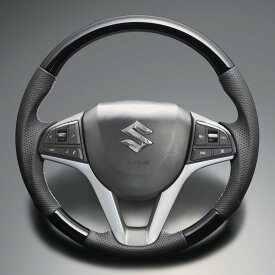 FEGGARI スペーシア / スペーシアカスタム MK53S ウッド＆レザーステアリング(純正交換) ピアノブラック x PVCレザー(ダークグレー) x シルバー ユーロステッチ / LS281 フェガーリ