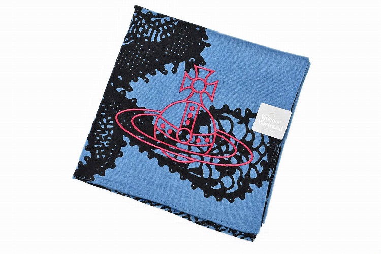 ヴィヴィアン ウエストウッド 大判 ハンカチ 1枚 レディース ブランド Vivienne Westwood ブルー × ブラック プリント デザイン オーブ ORB 刺繍 女性 婦人 
