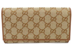 グッチ 346058 GGキャンバス×レザー ベージュ×ブラウン フラップウォレット 長財布 ※アウトレット品【池袋店】【中古】