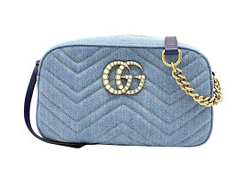 グッチ 447632 日本限定 デニム×レザー ブルー GGマーモント キルティング デニム スモール ショルダーバッグ 【新宿店】【中古】