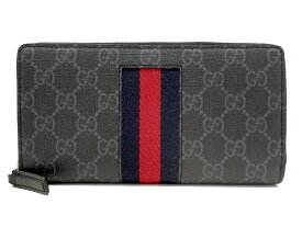 グッチ 408831 GGスプリームキャンバス ブラック×グレー×ブルー/レッド/ブルーウェブ ジップアラウンドウォレット 長財布【新宿店】【中古】
