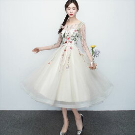 【期間限定セール★47%OFF】パーティードレス 結婚式 スーツ 母 ドレス ワンピース 母親 親族 フォーマルドレス 黒 ブラック 白 ホワイト ミモレ ロング 膝下 7分袖 袖あり シースルー 冬 花 刺繍 花柄 シフォン ウエディング ワンピ セクシー クール レトロ 結婚式 成人式