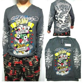 エドハーディー ed hardy エド・ハーディー Tシャツ ロンT メンズ 長袖 ギャンブル Vネック ラインストーン グレー S-XL