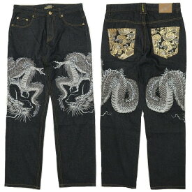 ジーンズ メンズ 大きいサイズ 刺繍 和柄 阿吽 龍/竜/ドラゴン ストレート ブラックジーンズ デニム ビッグサイズ ジーパン パンツ ボトムス