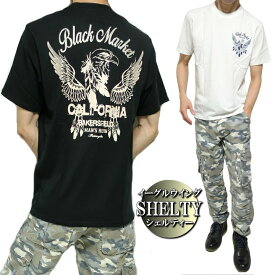 Tシャツ メンズ 半袖 イーグル/ウイング 刺繍ロゴ シェルティー/SHELTY BLACK MARKET ブラック/ホワイト M-L