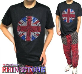 Tシャツ メンズ ユニオンジャック/ピースマーク ラインストーン/スタッズ イギリス国旗 メンズファッション トップス 半袖