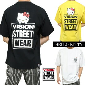 Tシャツ ハローキティ VISION/ヴィジョン コラボ メンズ/レディース HELLO KITTY マグロゴ tシャツ プリント 半袖 オーバーサイズ カットソー ブラック/イエロー/ホワイト サイズM-L