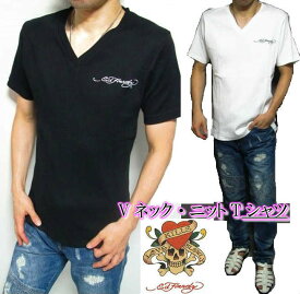 エドハーディー tシャツ ed hardy エド・ハーディー ニット Tシャツ メンズ 半袖 刺繍ロゴ シンプル ニット Vネック ブラック/ホワイト M-XL