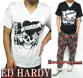 ed hardy エド・ハーディー エドハーディー スカル ドクロ tシャツ スカルtシャツ Vネック 半袖 Tシャツ メンズ ラブキル/モノクロ ブラック/ホワイト M-XL