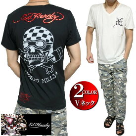 エドハーディー ed hardy エド・ハーディー 半袖 Tシャツ メンズ スカル/バイカー Vネック 箔プリント ブラック/ホワイト M-L