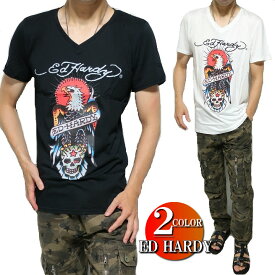 エドハーディー ed hardy Tシャツ メンズ Vネック スカル ドクロ tシャツ スカルtシャツ 半袖 イーグル/スター/スカル エド・ハーディー ブラック M-XL