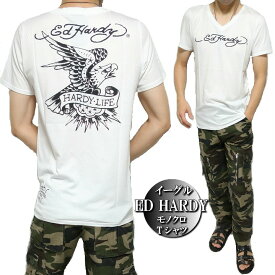 エドハーディー ed hardy エド・ハーディー Tシャツ メンズ/レディース Vネック モノクロ/イーグル 半袖 ホワイト S-L