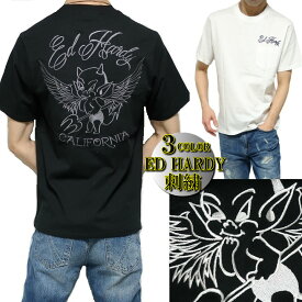 エドハーディー tシャツ ed hardy Tシャツ メンズ デビル/小悪魔 刺繍 ウイング ポケット 半袖 カットソー ブラック/ホワイト サイズM-XL