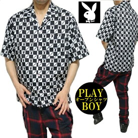 PLAY BOY プレイボーイ ボーリングシャツ シャツ メンズ チェッカー/オープンシャツ チェック ラビット/ウサギ 半袖 ブラック/ホワイト M-XL