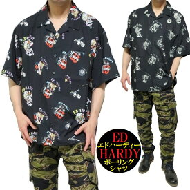 エドハーディー ED HARDY ボーリングシャツ スカル/ドクロ/パンサー/タイガー/寅/虎 総柄 服 ストレッチ グッズ オープンシャツ オーバーサイズ メンズ/レディース ポケット 半袖 通販 キャラクター カラー/モノクロ サイズM-L