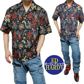エドハーディー ED HARDY 服 ボーリングシャツ グッズ オープンシャツ カクテル メンズ/レディース ポケット 半袖 通販 ブラック/ネイビー キャラクター サイズM-XL
