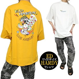 エドハーディー ed hardy Tシャツ スカルtシャツ メンズ スカル ドクロ tシャツ パンサー 5分袖/ワイドサイズ 半袖 カットソー イエロー/ホワイト ロゴ刺繍 サイズM-L ギフト