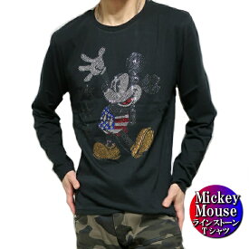 ミッキーマウス Tシャツ ロンT メンズ/レディース スター/星条旗 ラインストーン/スタッズ ディズニー DISNEY MICKEY MOUSE 長袖 ブラック M-L