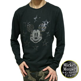 ミッキーマウス Tシャツ ロンT メンズ/レディース スター/モノクロ ラインストーン/スタッズ ディズニー DISNEY MICKEY MOUSE 長袖 ブラック M-L