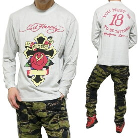 エドハーディー ed hardy Tシャツ ロンT 長袖 メンズ 薔薇/ローズ 十字架/クロス tシャツ 大きいサイズ/ビッグサイズ カットソー ブラック/グレー プリント サイズM-L-XL-XXL-3L-XXXL-4L