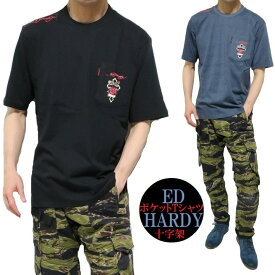 エドハーディー ed hardy Tシャツ 十字架 薔薇/ローズ メンズ ポケット tシャツ プリント 半袖 カットソー ブラック ネイビー 正規ライセンス サイズM-XL