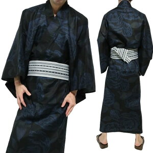 浴衣 メンズ セット 2点セット ゆかた/帯 牡丹/ボタン/ぼたん/大柄 和風 服 メンズ 通販 祭り おしゃれ ユカタ 紳士 お祭り 花火 メンズファッション 和服 コットン/綿 ブラック/帯ライトグレ