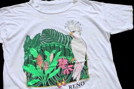 80s RENO オウム バタフライ リーフ アート コットンTシャツ 白【中古】