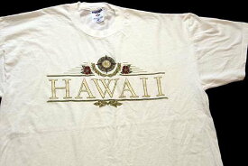 00s USA製 HAWAIIハワイ ALOHA ハイビスカス コットンTシャツ 生成り XL【中古】