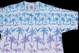 90s USA製 NASSAU,BAHAMAS ヤシの木 グラデーション アート オールオーバープリント コットンTシャツ 白 XL【中古】