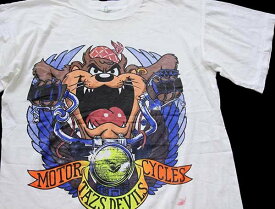 90s MOTOR TAZS DEVILS CYCLES タズマニアンデビル 蛍光プリント コットンTシャツ 白【中古】